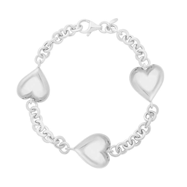 Silver Puffed Triple Heart Bracelet-White | Lobster