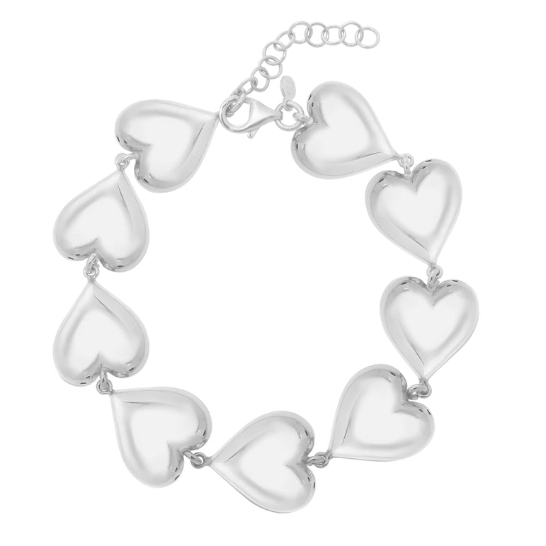 Silver Puffed Hearts Bracelet-White | Lobster
