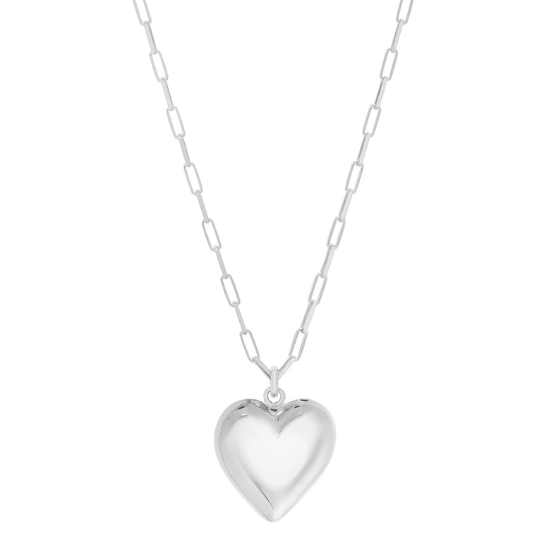 Silver Puffed Heart Pendant Necklace-White | Lobster