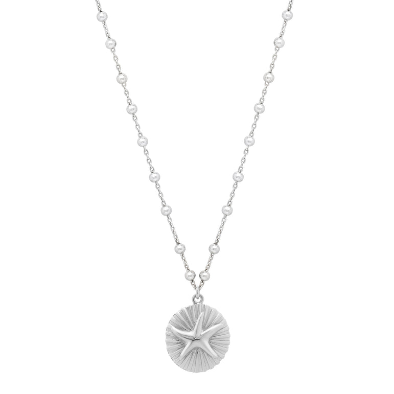 Silver Starfish Medallion Necklace-White | Lobster