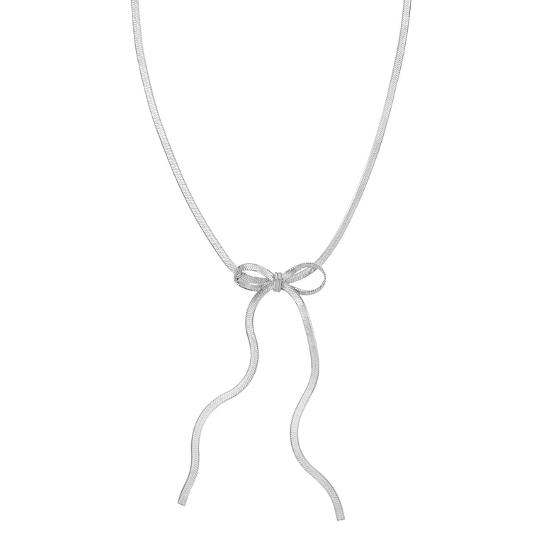 Silver Snake Chain Bow Necklace-White | Lobster