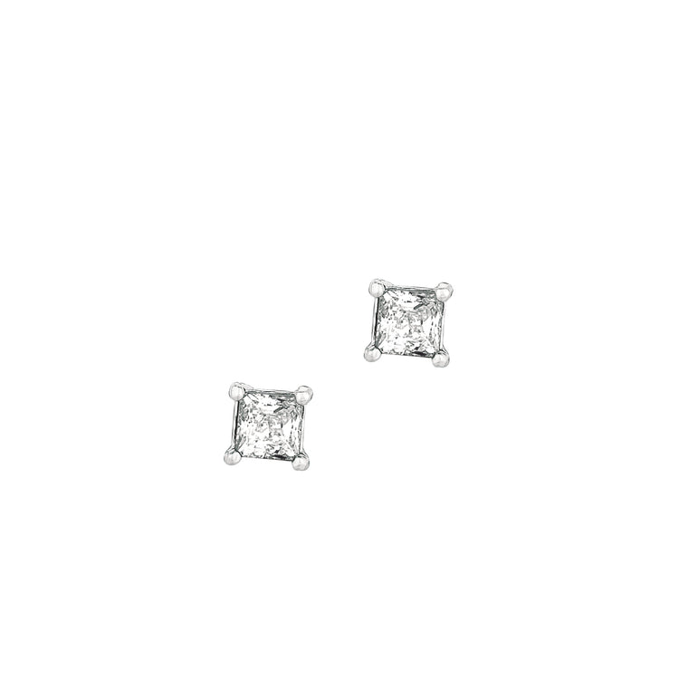 Silver 4MM Princess CZ Earring-White | Push Back