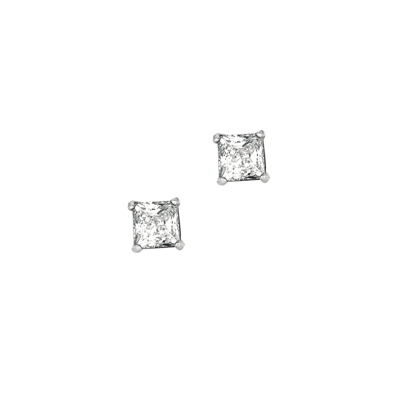 Silver 5MM Princess CZ Earring-White | Push Back