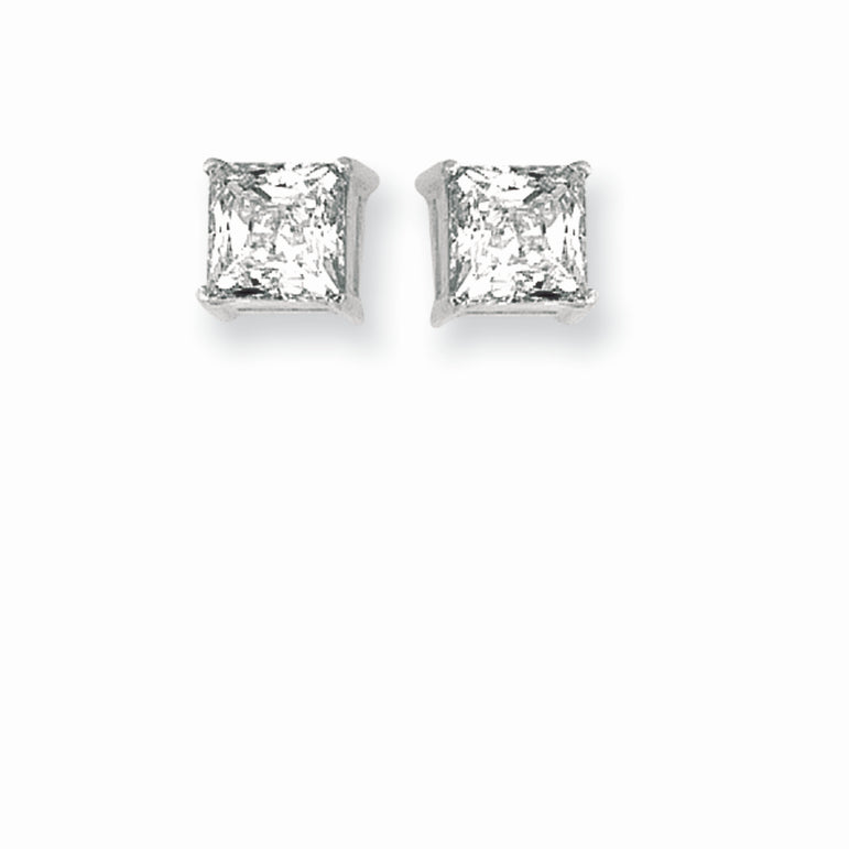 Silver 6MM Princess CZ Earring-White | Push Back
