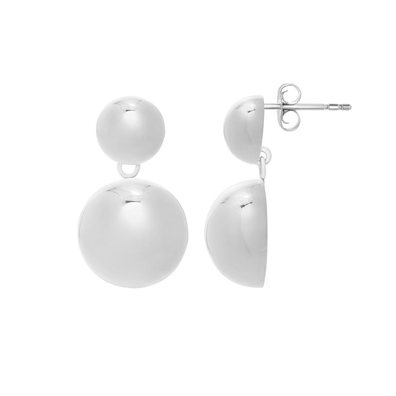 Silver Puffed Round Button Drop Earrings-White | Push Back