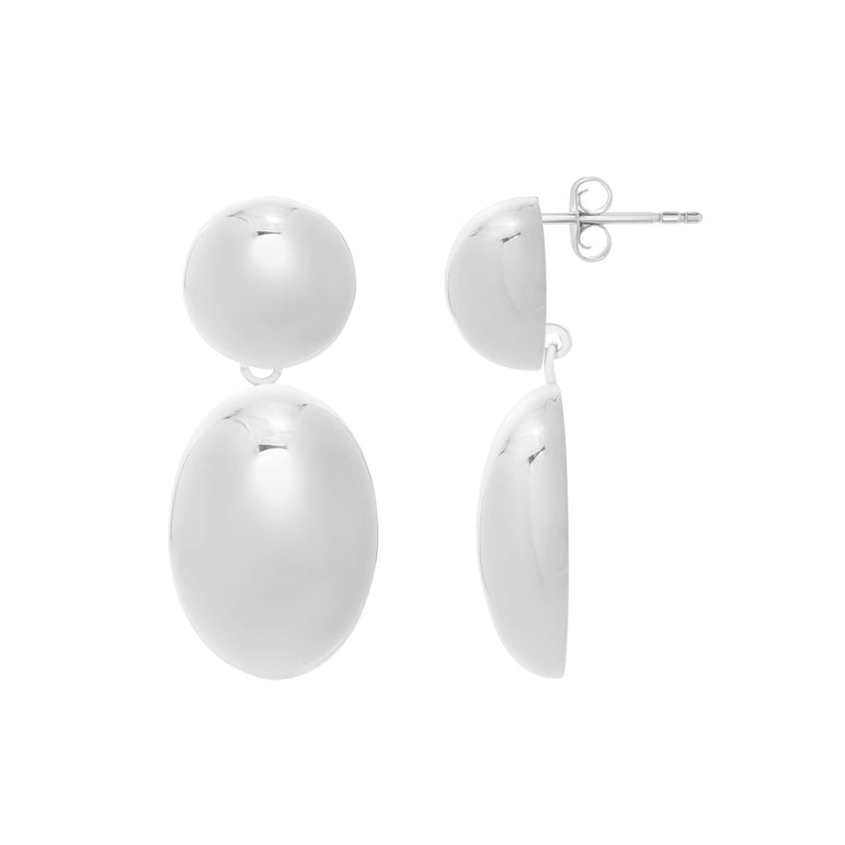 Silver Puffed Oval Button Drop Earrings-White | Push Back