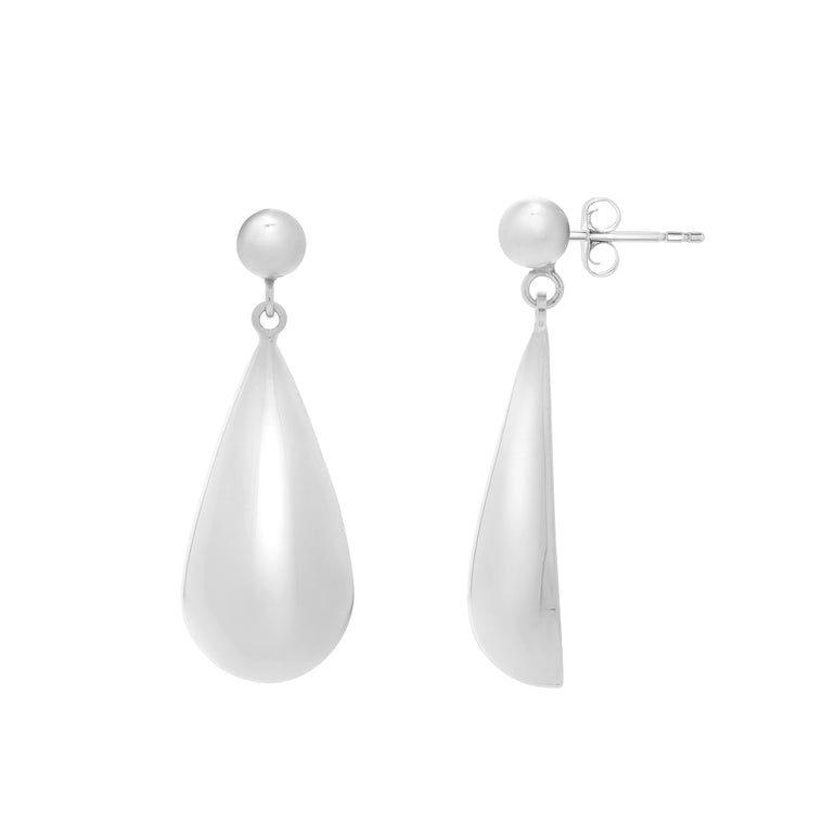 Silver Puffed Teardrop Dangle Earrings-White | Push Back