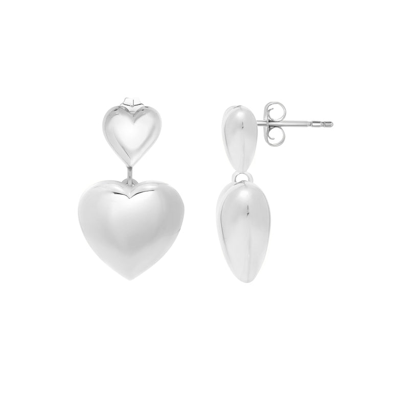 Silver Puffed Double Heart Drop Earrings-White | Push Back
