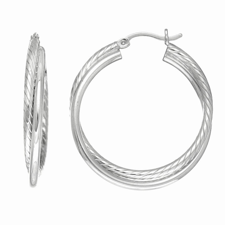 Silver Round Double Twist Hoop Earring-White | Hinged