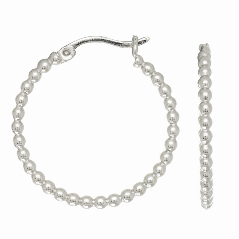 Silver Small Bead Hoop Earring -White | Hinged