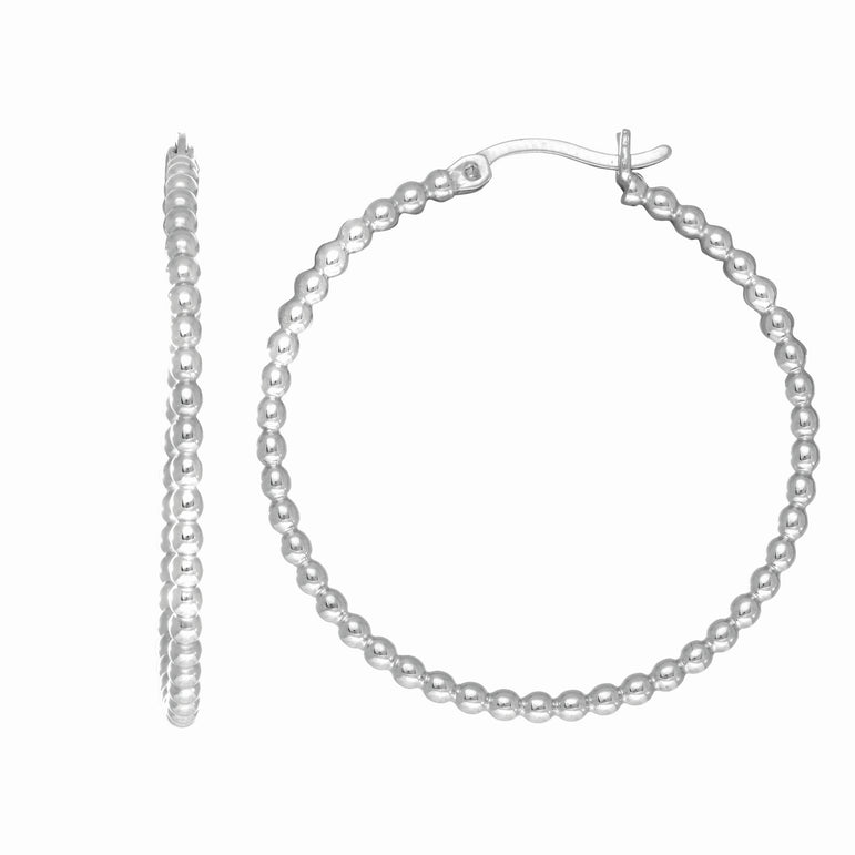 Silver Medium Bead Hoop Earring-White | Hinged