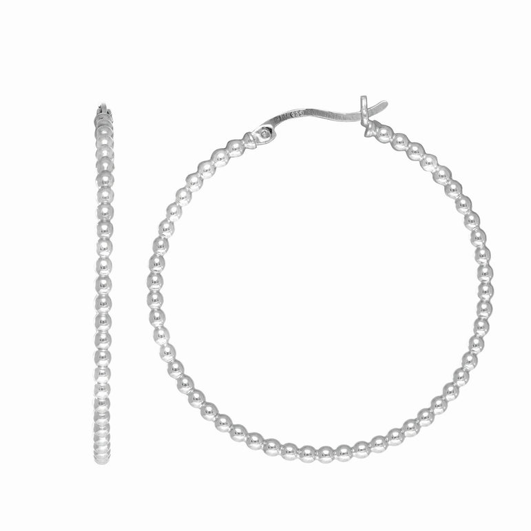 Silver Large Bead Hoop Earring-White | Hinged