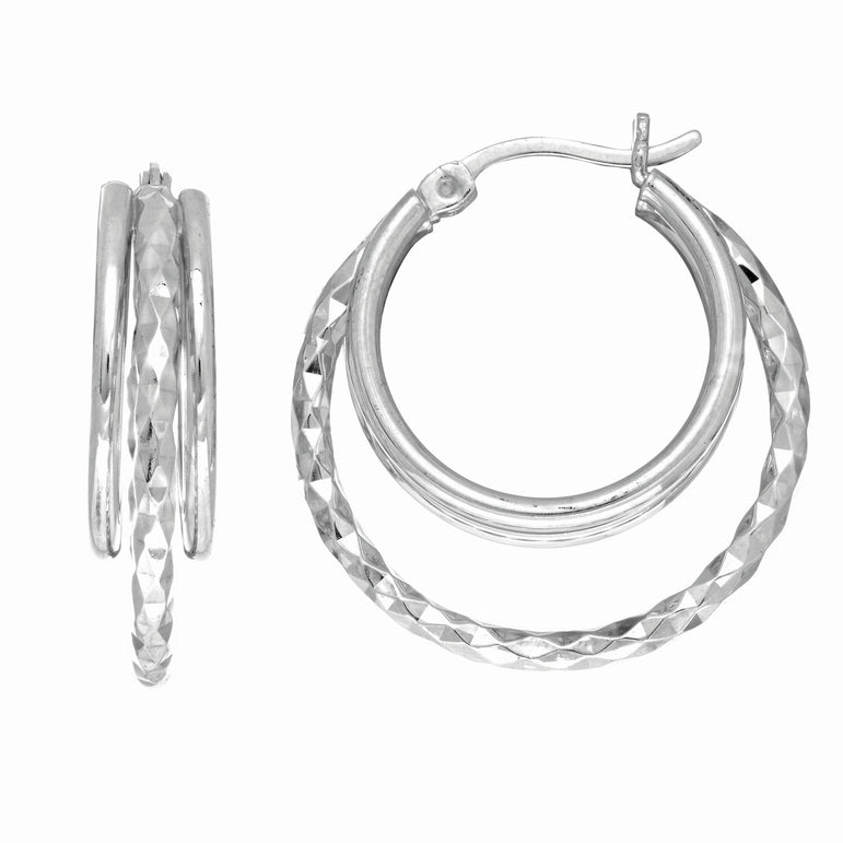 Silver Three Row Diamond Cut and Polished Hoop Earring-White | Hinged