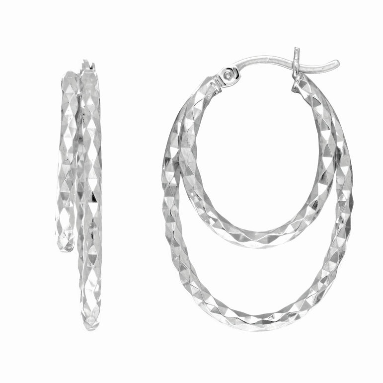 Silver Double Diamond Cut Hoop Earring-White | Hinged