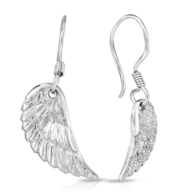 Silver Angel Wing Drop Earrings-White | Euro Wire