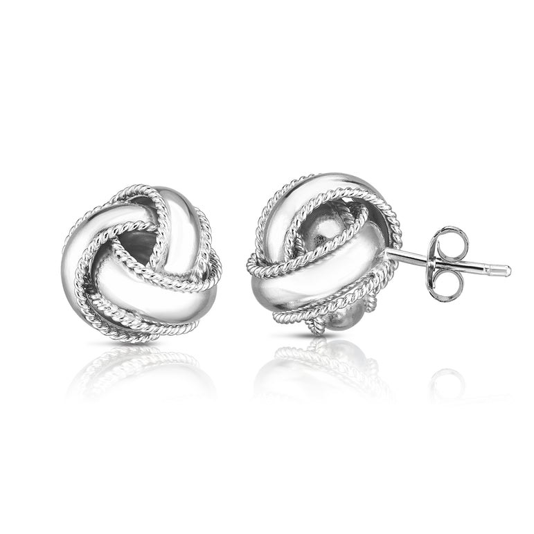 Silver Textured Border Polished Love Knot Earring-White | Push Back