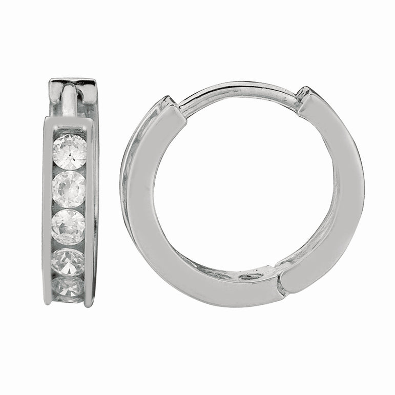 Silver Channel Set 3x10mm CZ Hoop Earrings-White | Hinged