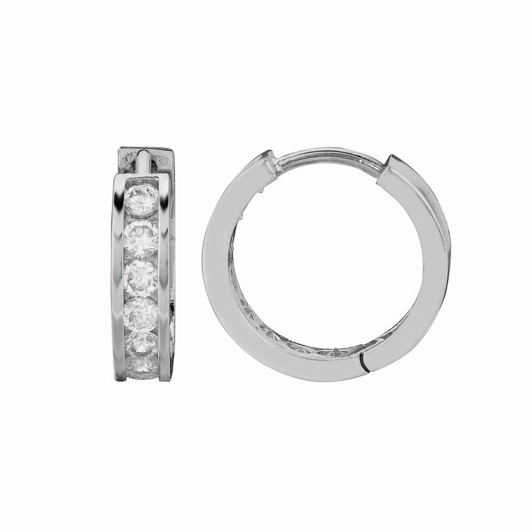 Silver Channel Set 3x15mm CZ Hoop Earrings-White | Hinged