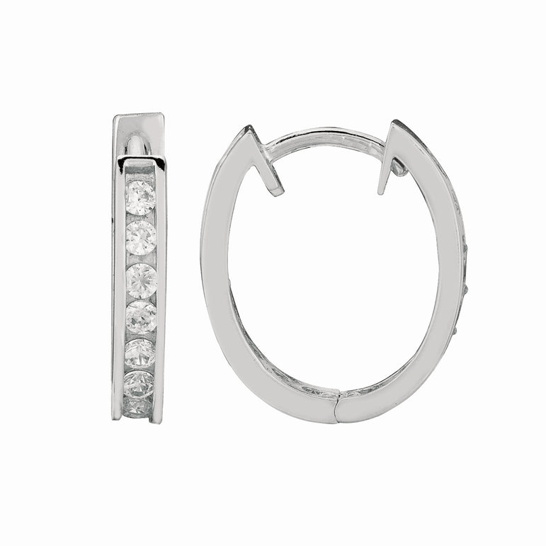 Silver Oval CZ Hoop Earrings-White | Hinged