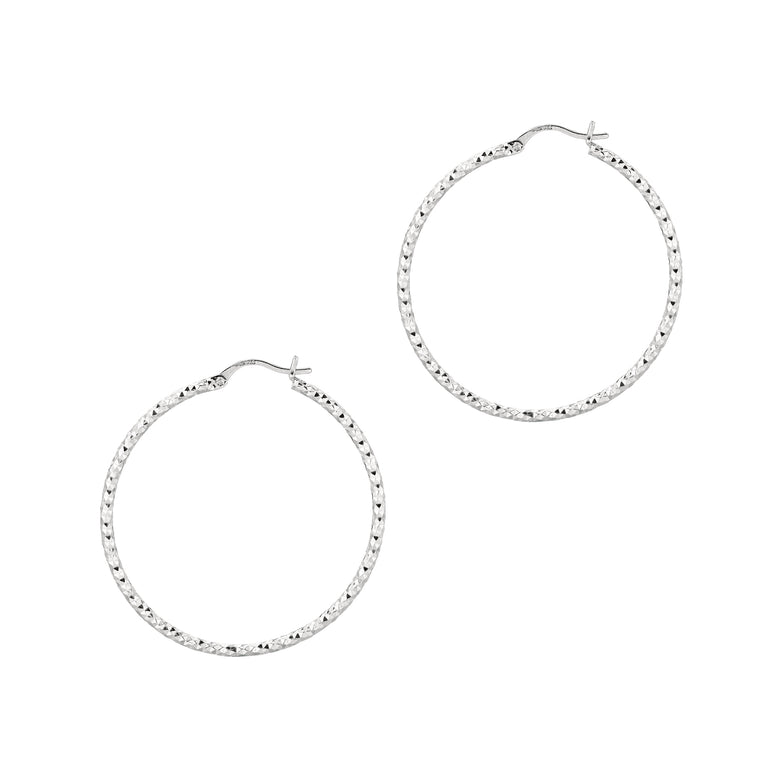 Silver 2x40MM Diamond Cut Earring-White | Hinged