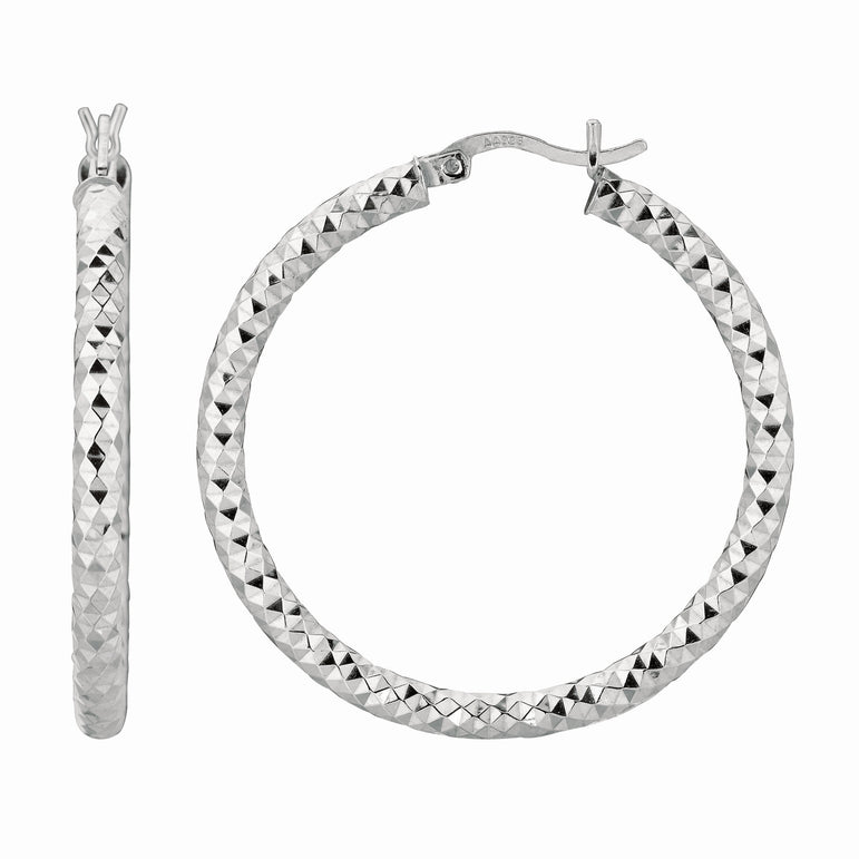 Silver 4x25MM Diamond Cut Earring-White | Hinged
