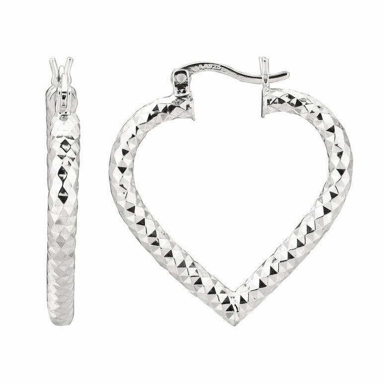 Silver Diamond Cut Heart Hoop Earring-White | Hinged