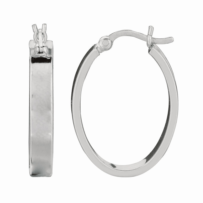 Silver Oval Square Edge Hoop Earring-White | Hinged