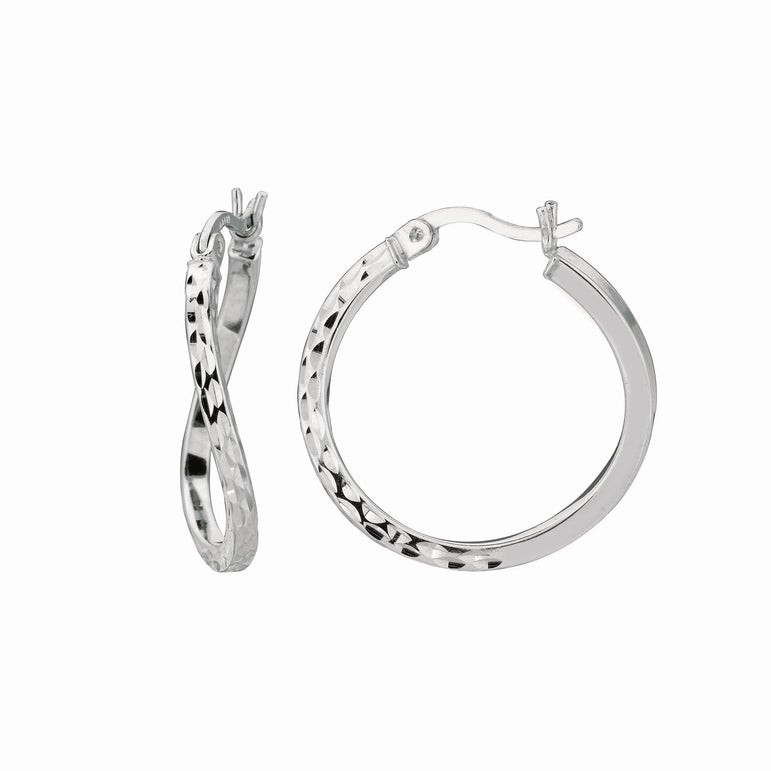 Silver 20mm Diamond Cut Twist Hoop Earring-White | Hinged