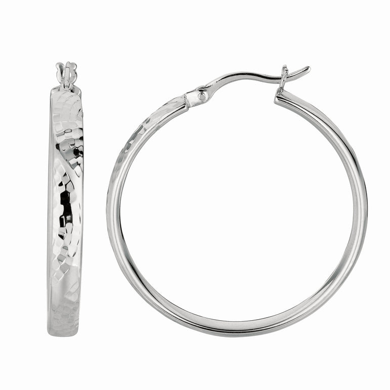 Silver Hammered Diamond Cut Hoop Earring-White | Hinged