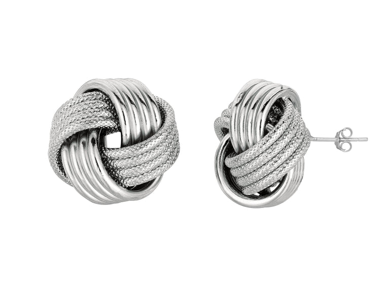 Silver Mini Textured & Polished Love Knot Earring-White | Push Back