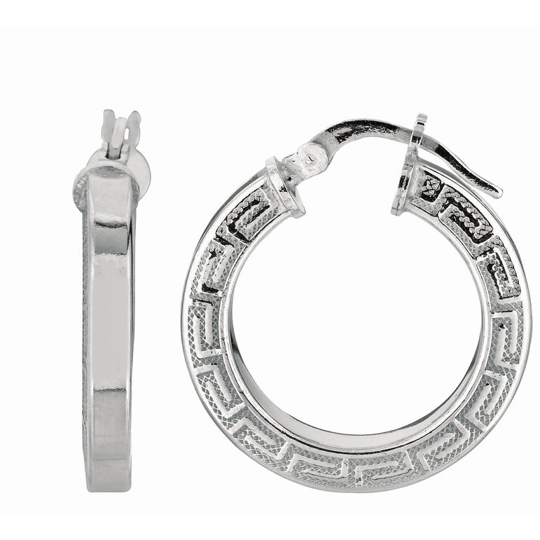 Silver Greek Key Hoop Earring-White | Hinged