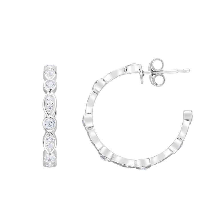 Silver 20x3mm Marquise & Round CZ C Hoops -White | Push Back