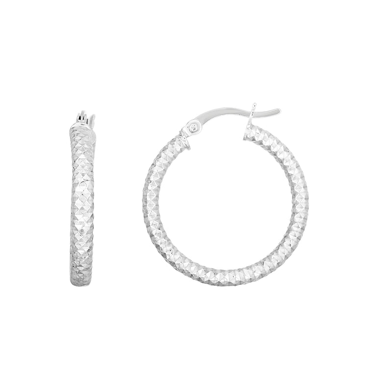 Silver 20mm Linear Diamond Cut Hoops -White | Hinged