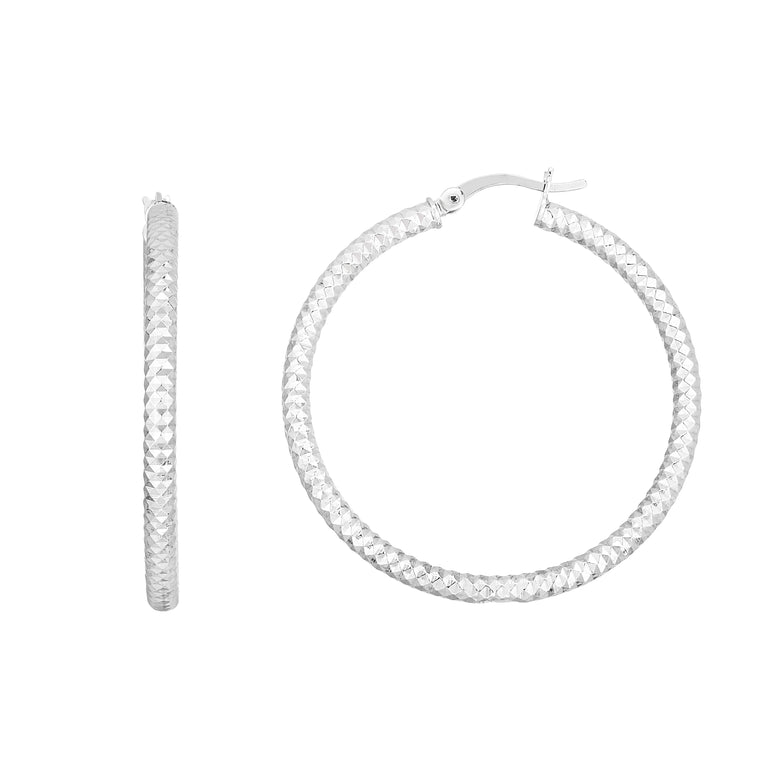 Silver 35mm Linear Diamond Cut Hoops -White | Hinged