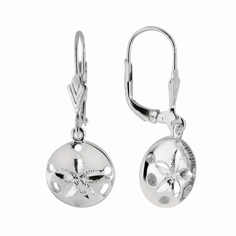 Silver Sand Dollar Dangle Earrings-White | Lever Back