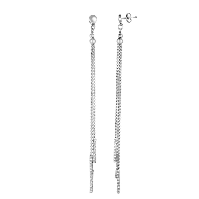 Silver Double Chain & Bar Long Dangle Earring-White | Push Back