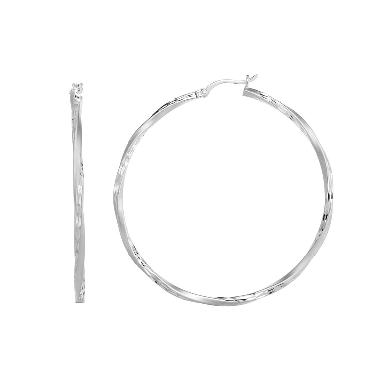 Silver 50mm Diamond Cut and Twist Hoop Earring-White