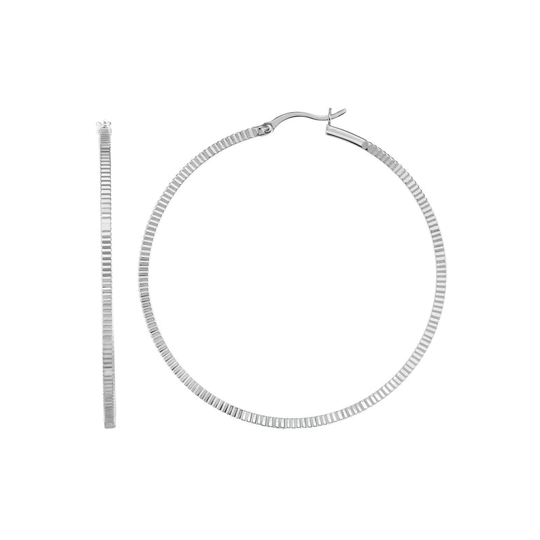 Silver 50mm Striped Diamond Cut Hoop Earring-White