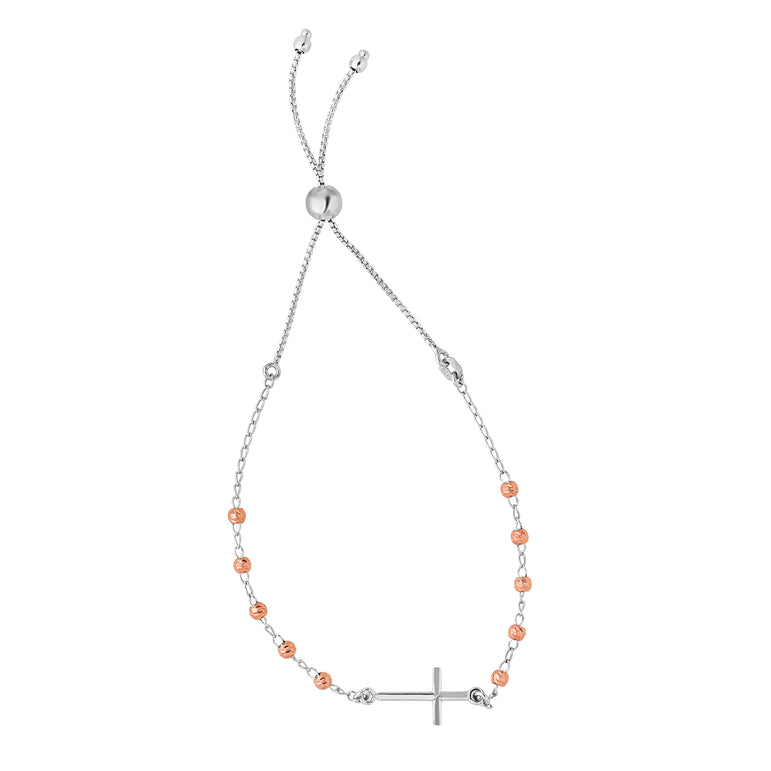 Sterling Silver Two-tone Side Cross Friendship Bracelet-Two-tone | Draw String