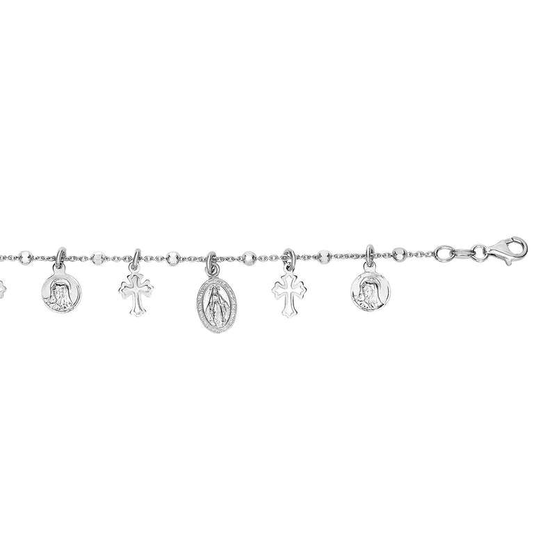 Silver 7.25" Cross Medal Dangle Charm Bracelet-White
