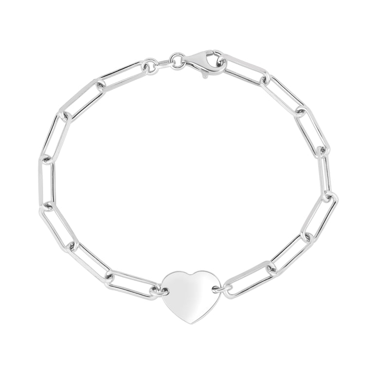 Silver Engravable Heart Paperclip Bracelet-White | Lobster