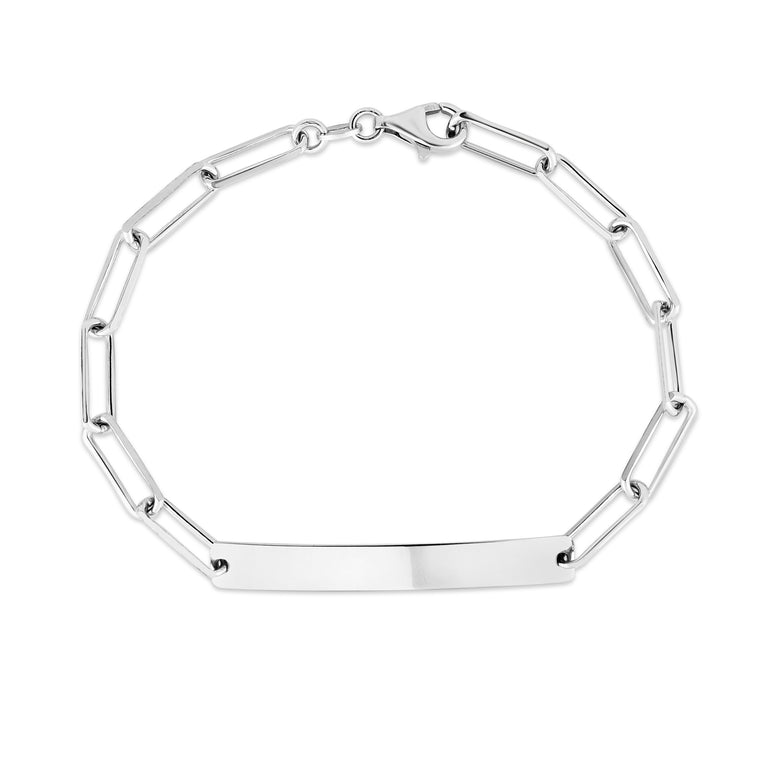 Silver Engravable ID Bar Paperclip Bracelet-White | Lobster
