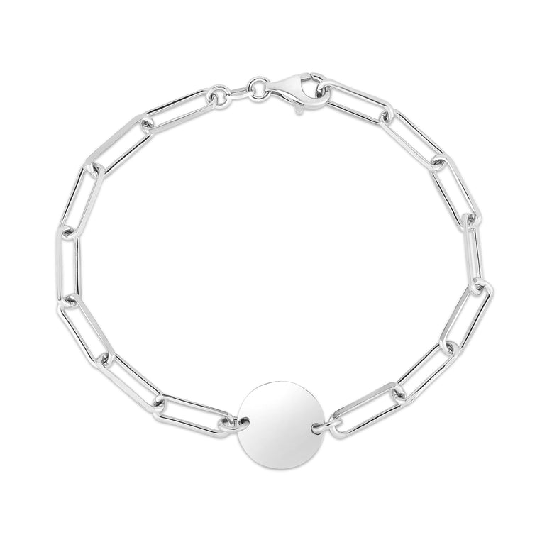 Silver Engravable Circle Paperclip Bracelet-White | Lobster