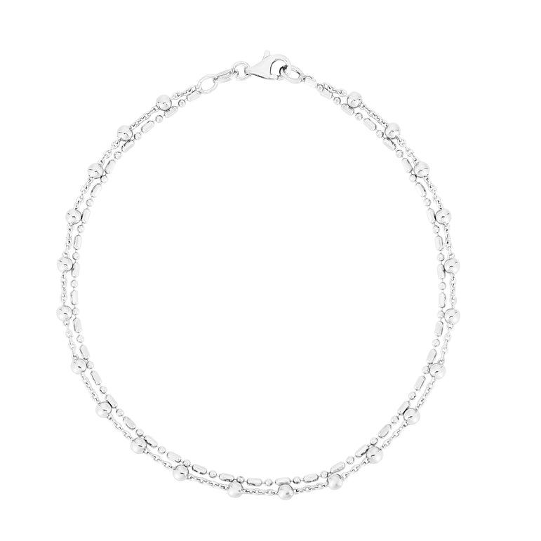 Silver Bead Double Strand Anklet-White | Lobster