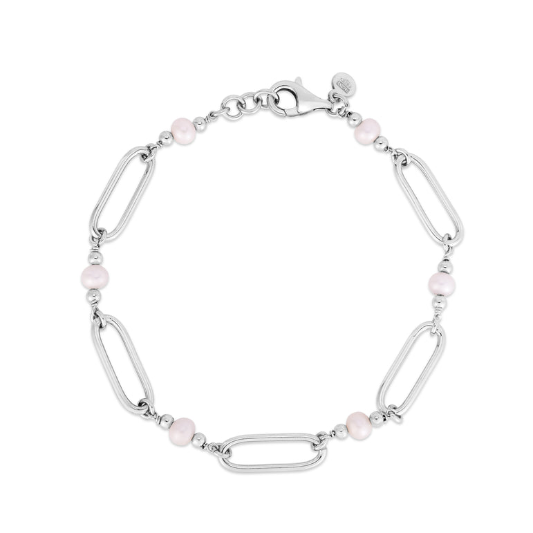 Silver Pearl Paperclip Bracelet-White | Lobster