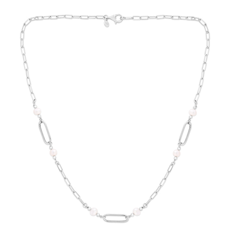 Silver Pearl Paperclip Necklace-White | Lobster