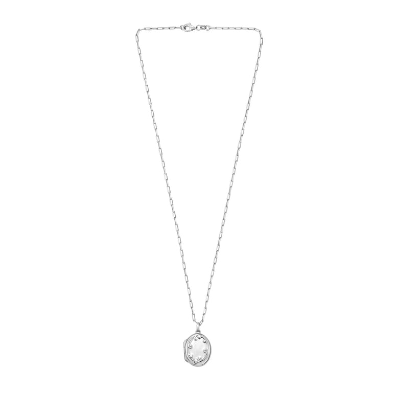 Silver Oval Vine Locket Necklace-White | Lobster