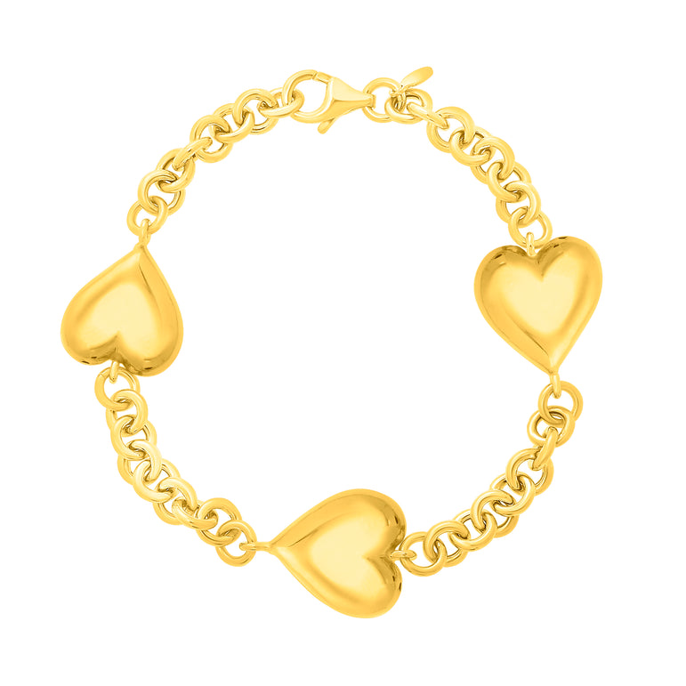 Gold Over Silver Puffed Triple Heart Bracelet-Yellow | Lobster