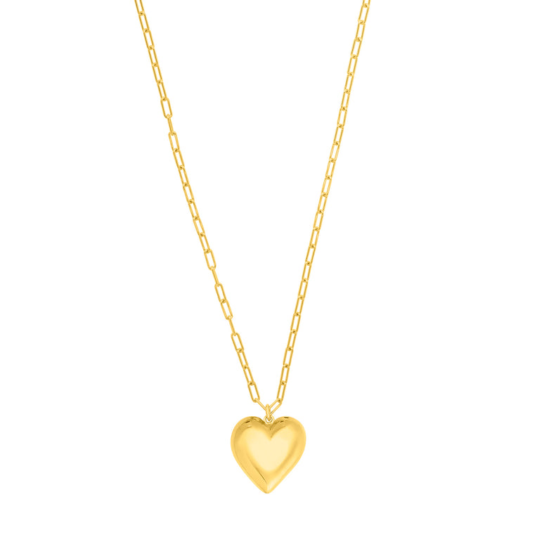 Gold Over Silver Large Puffed Heart Long Necklace-Yellow | Lobster