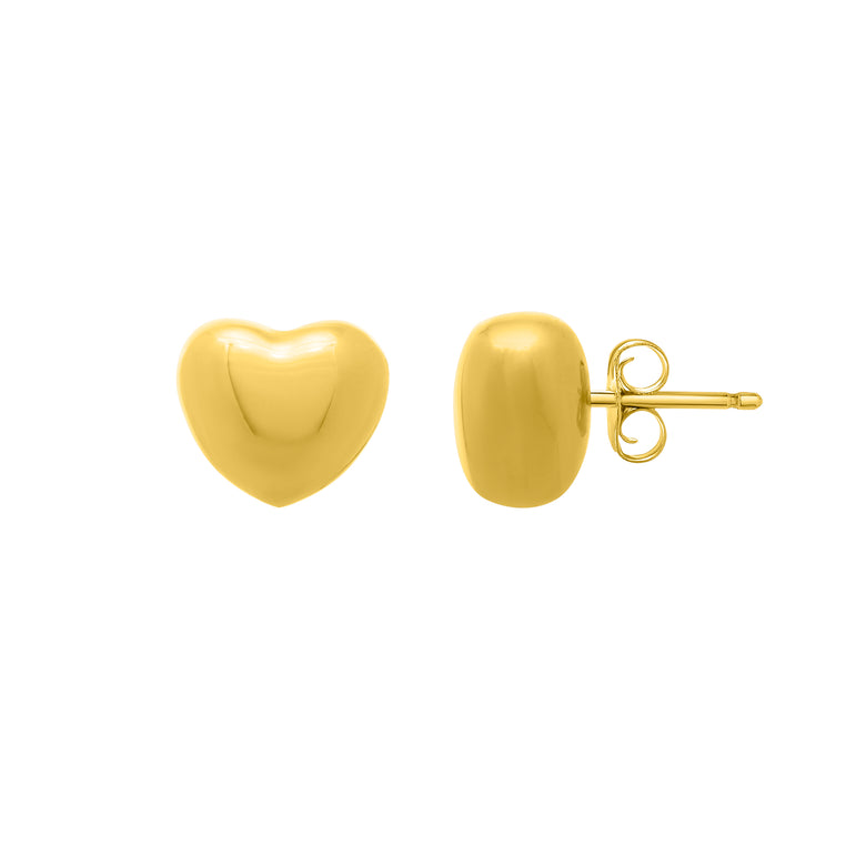 Gold Over Silver Puffed Small Heart Stud Earrings-Yellow | Push Back